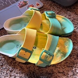 Birkenstock Two-Tone Yellow and Teal Sandals